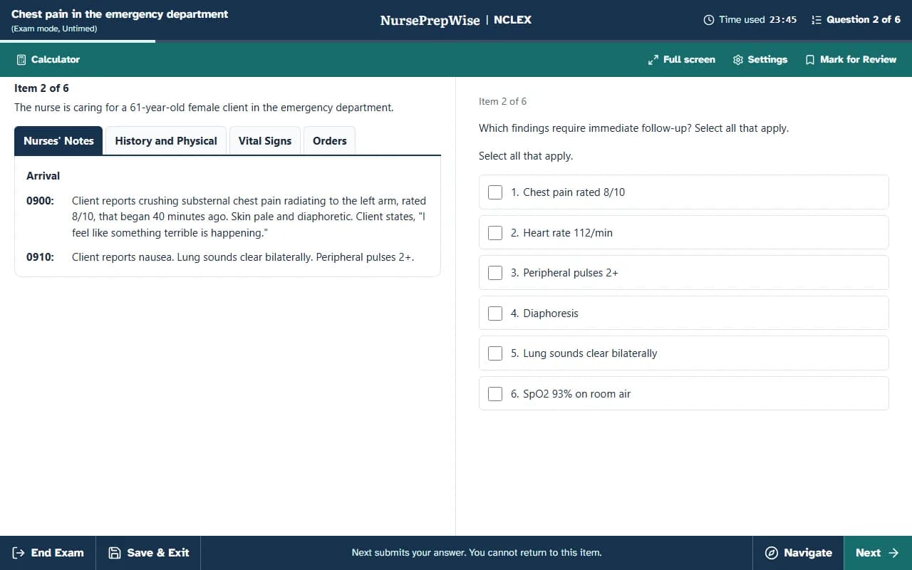 A NursePrepWise NGN case study: item 2 of 6 with nurses' notes, history and physical, vital signs and orders in tabs beside a select-all-that-apply item.