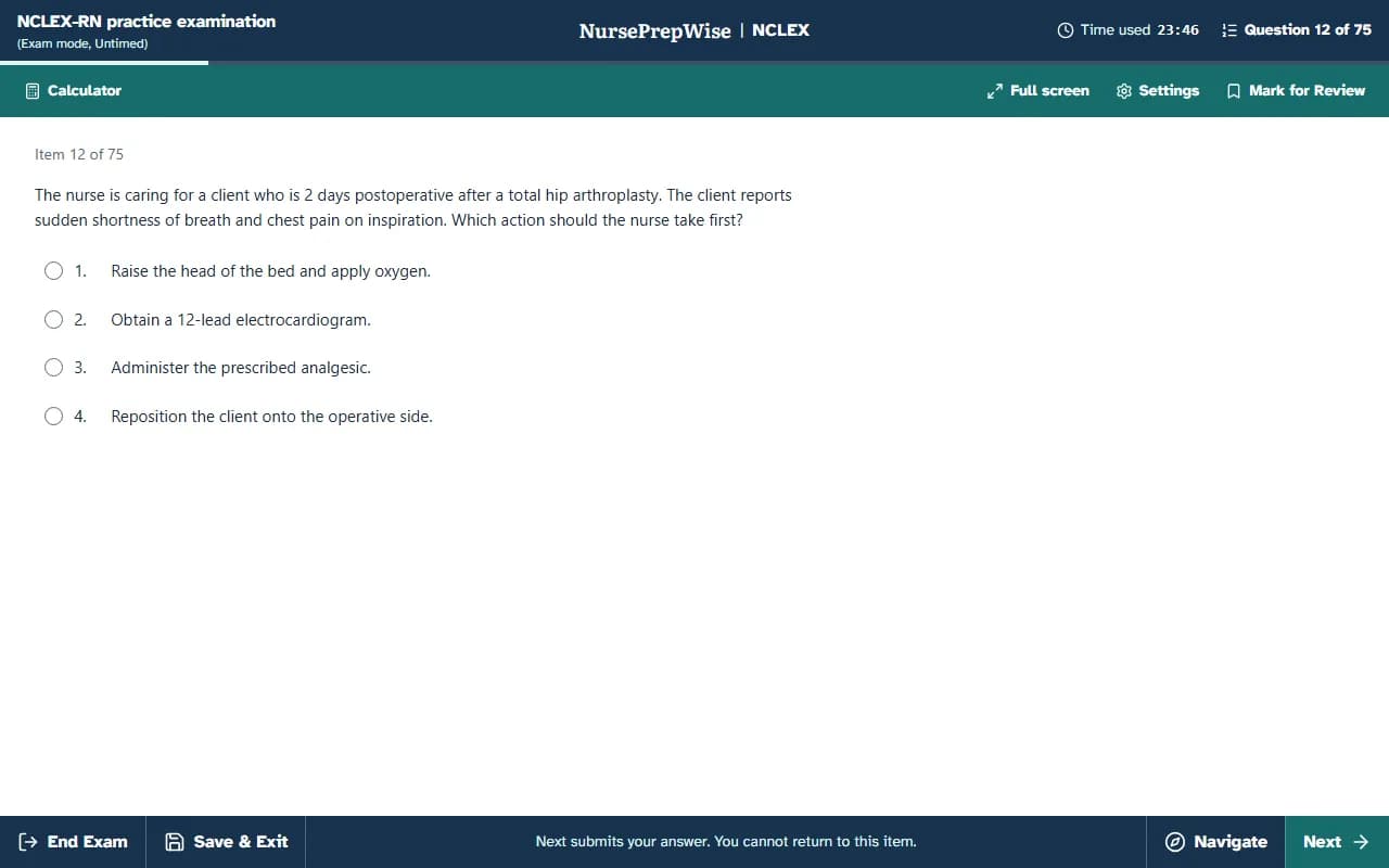 The NursePrepWise examination interface showing question 12 of 75 with numbered answer choices, the time used, a calculator button and Next.