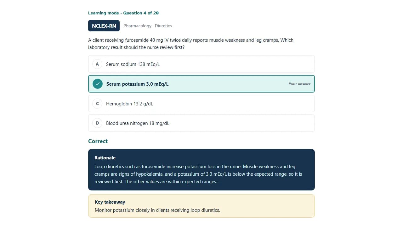 A NursePrepWise learning-mode question with the correct answer marked, its rationale and a key takeaway.